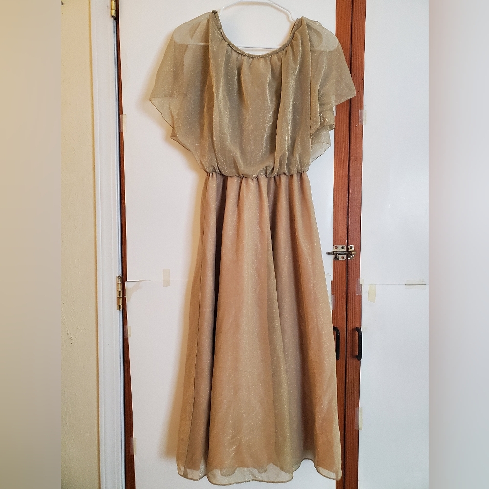 International Ladies Garment Workers Union Gold Peach Chiffon Medium Midi Dress